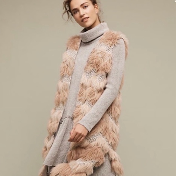 Anthropologie Hei Hei Chevron Faux Fur Long Vest Pink Gray + Pink Liner Sz Large - Picture 6 of 7